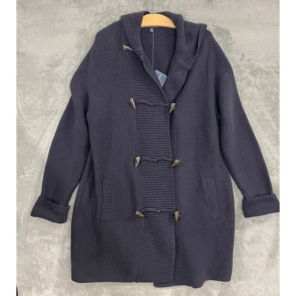 Land's End Knit Duffle Long Coat Navy Blue Hooded Womens Size XL NEW - Picture 1 of 10